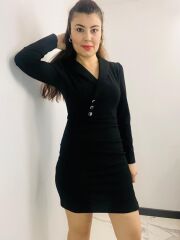 Crep kumas ceket yaka siyah elbise