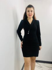 Crep kumas ceket yaka siyah elbise